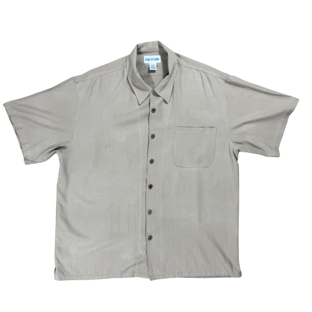 Vintage 90's XL Silk Herringbone Short Sleeve Camp Shirt Tan Golf Dad Resortwear